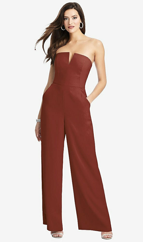 Front View - Auburn Moon Strapless Notch Crepe Jumpsuit with Pockets