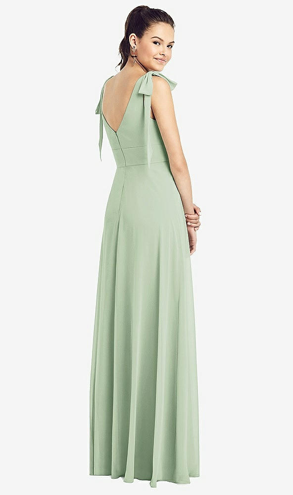 Back View - Celadon Bow-Shoulder V-Back Chiffon Gown with Front Slit