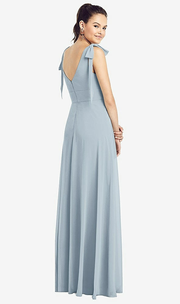 Back View - Mist Bow-Shoulder V-Back Chiffon Gown with Front Slit