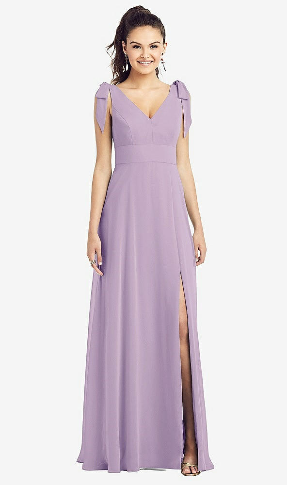 Front View - Pale Purple Bow-Shoulder V-Back Chiffon Gown with Front Slit