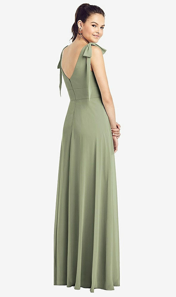 Back View - Sage Bow-Shoulder V-Back Chiffon Gown with Front Slit