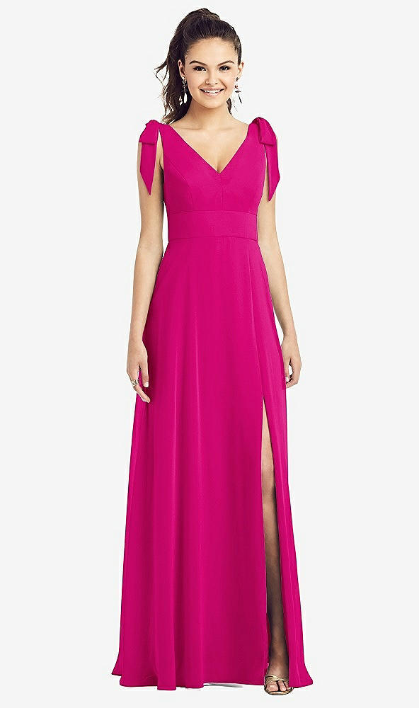 Front View - Think Pink Bow-Shoulder V-Back Chiffon Gown with Front Slit