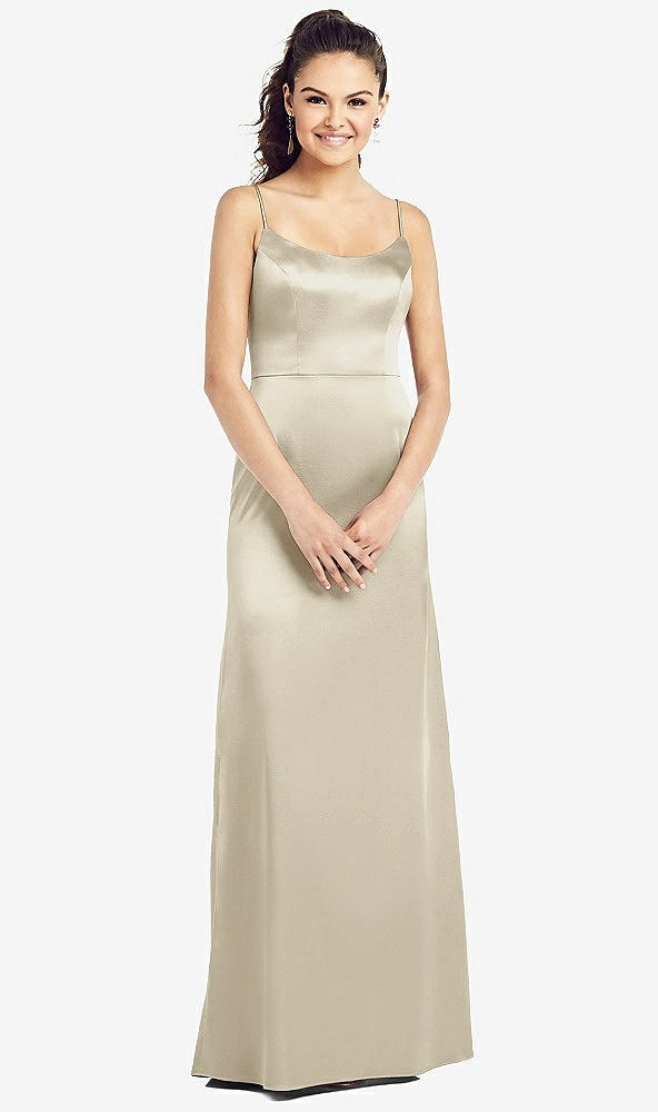 Front View - Champagne Slim Spaghetti Strap V-Back Trumpet Gown