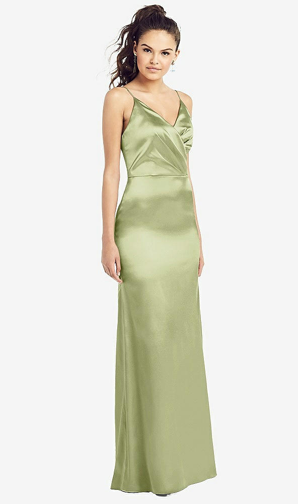 Front View - Mint Slim Spaghetti Strap Wrap Bodice Trumpet Gown