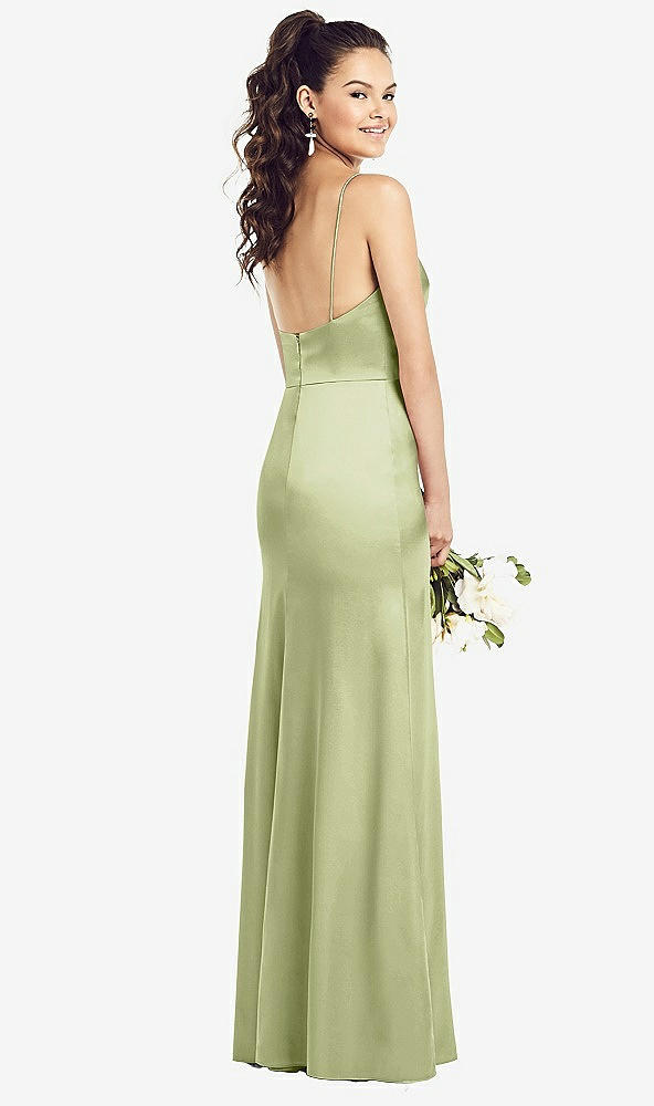 Back View - Mint Slim Spaghetti Strap Wrap Bodice Trumpet Gown