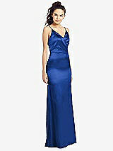 Front View Thumbnail - Sapphire Slim Spaghetti Strap Wrap Bodice Trumpet Gown