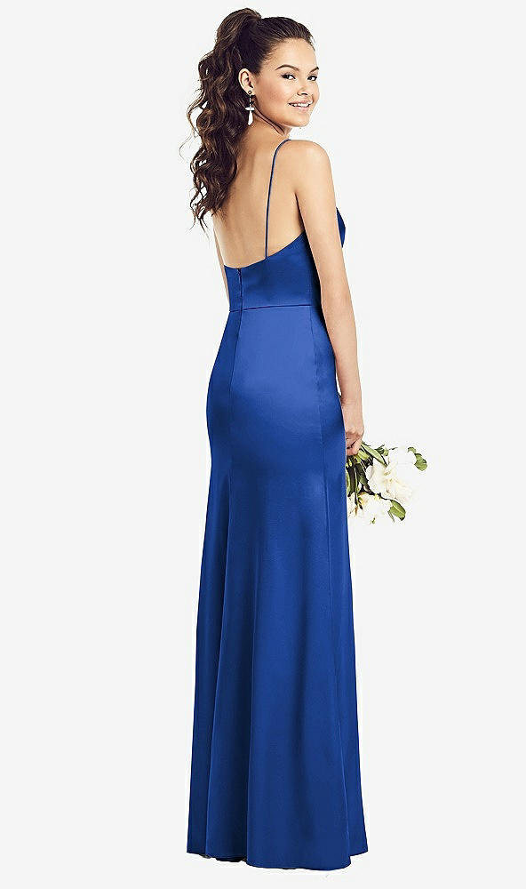 Back View - Sapphire Slim Spaghetti Strap Wrap Bodice Trumpet Gown