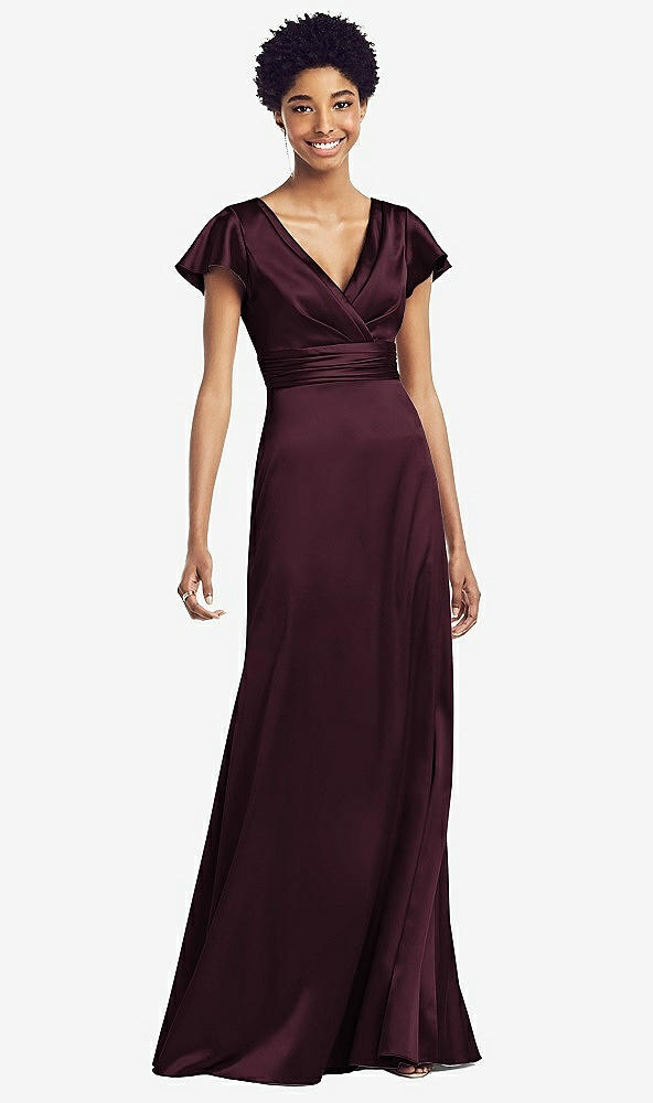 Front View - Bordeaux Flutter Sleeve Draped Wrap Stretch Maxi Dress