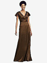 Front View Thumbnail - Latte Flutter Sleeve Draped Wrap Stretch Maxi Dress