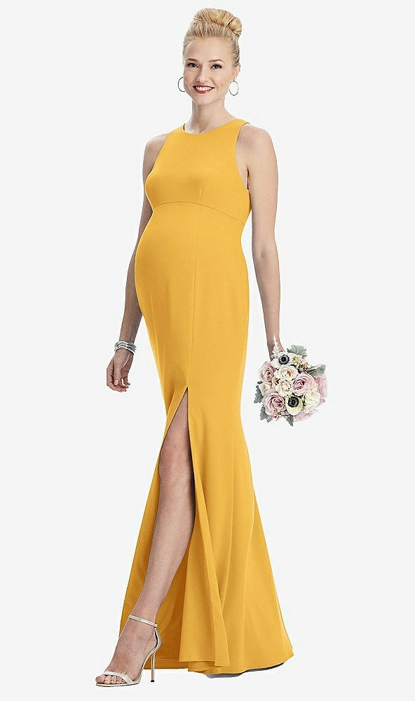 Front View - NYC Yellow Sleeveless Halter Maternity Dress with Front Slit