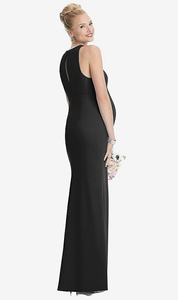 Back View - Black Sleeveless Halter Maternity Dress with Front Slit