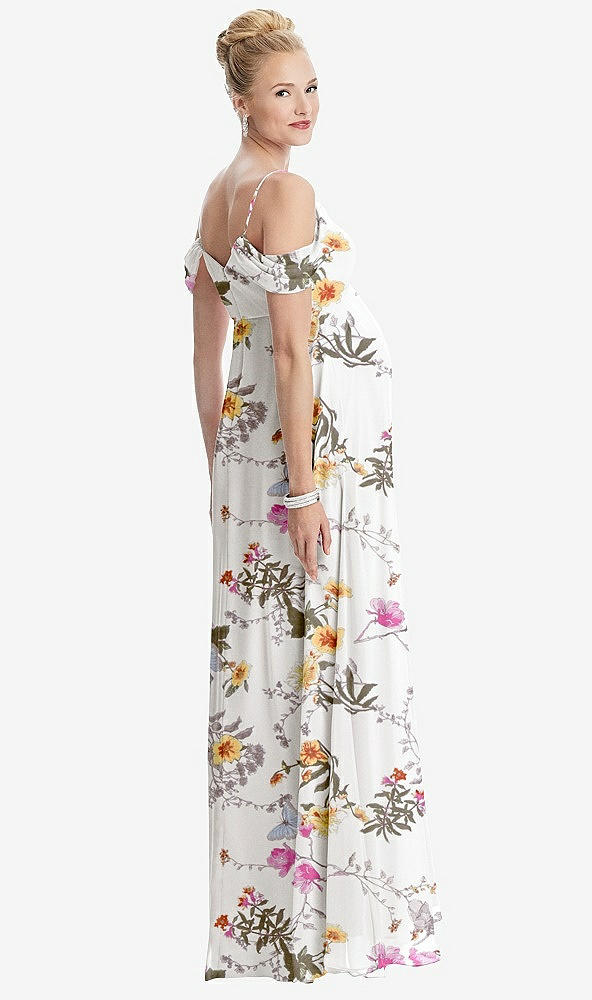 Back View - Butterfly Botanica Ivory Draped Cold-Shoulder Chiffon Maternity Dress