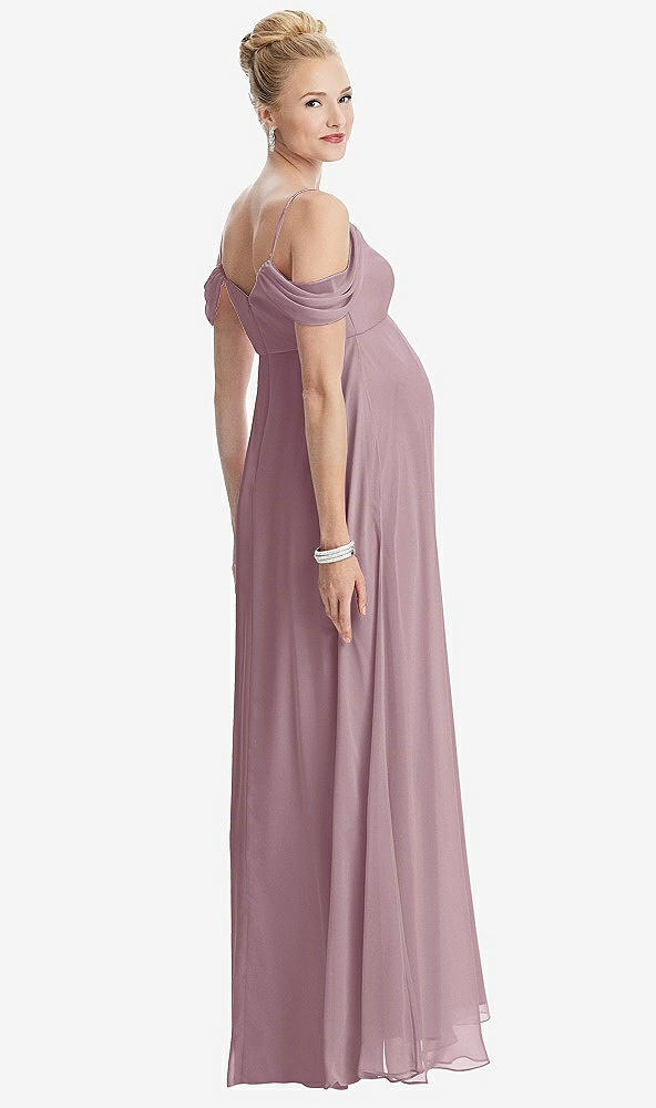 Back View - Dusty Rose Draped Cold-Shoulder Chiffon Maternity Dress