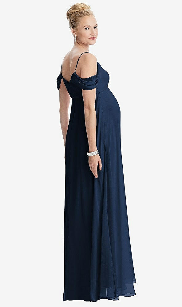 Back View - Midnight Navy Draped Cold-Shoulder Chiffon Maternity Dress