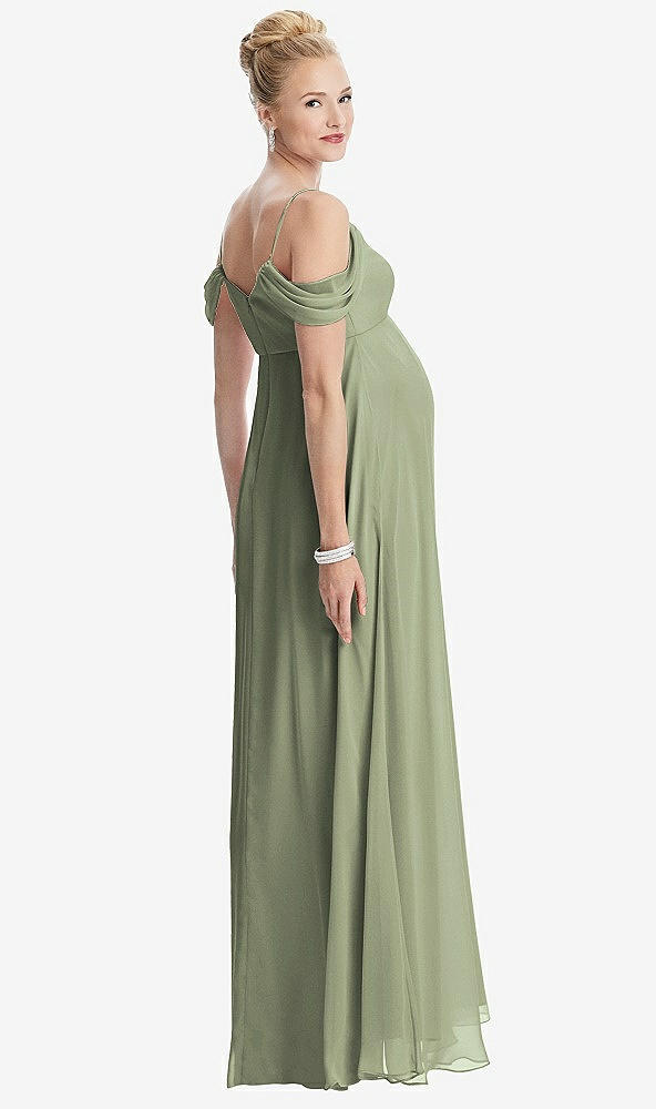 Back View - Sage Draped Cold-Shoulder Chiffon Maternity Dress