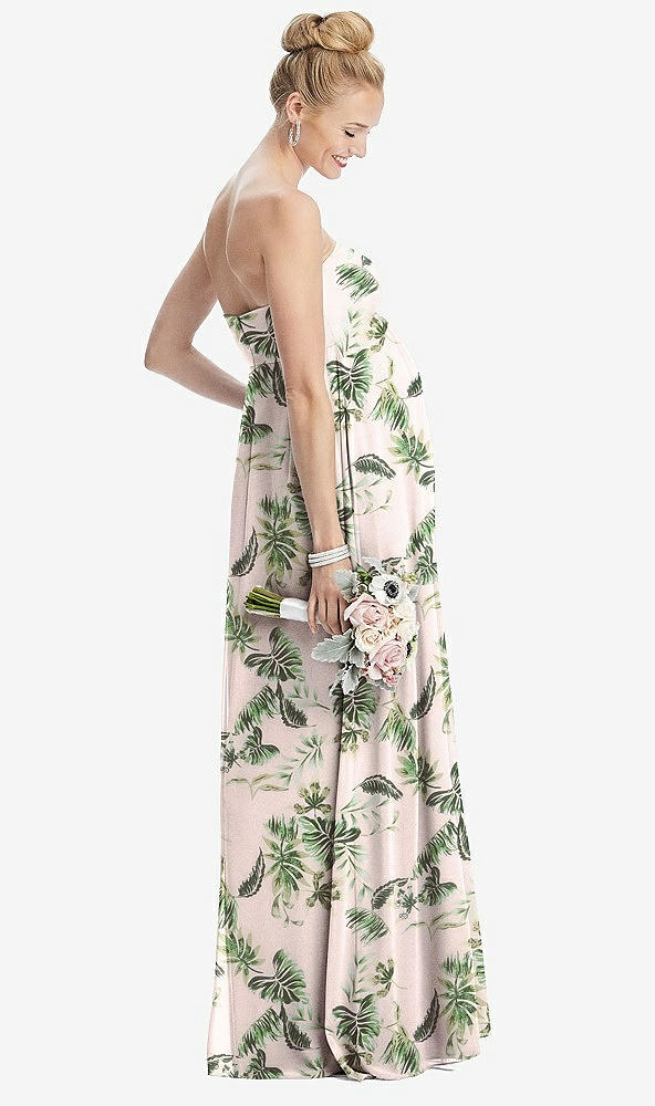 Back View - Palm Beach Print Strapless Chiffon Shirred Skirt Maternity Dress