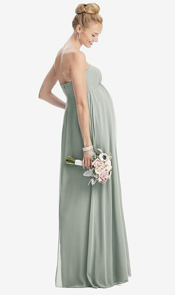 Back View - Willow Green Strapless Chiffon Shirred Skirt Maternity Dress