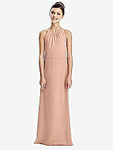 Rear View Thumbnail - Pale Peach Shirred Jewel Neck Chiffon Juniors Dress