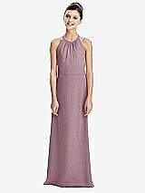 Rear View Thumbnail - Dusty Rose Shirred Jewel Neck Chiffon Juniors Dress