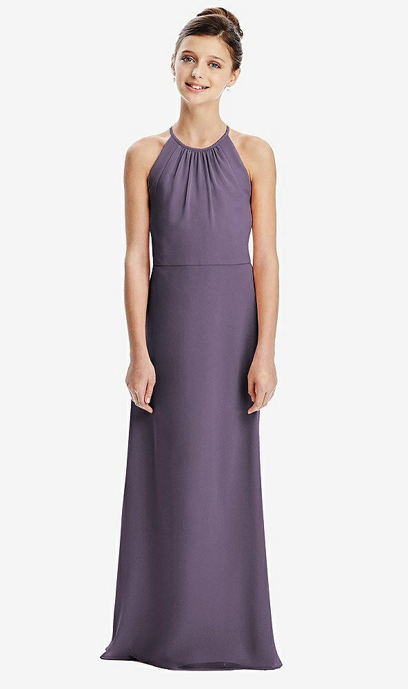 Back View - Lavender Shirred Jewel Neck Chiffon Juniors Dress