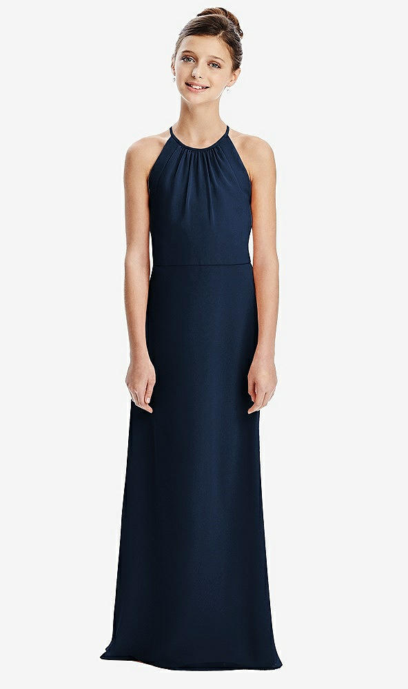 Back View - Midnight Navy Shirred Jewel Neck Chiffon Juniors Dress