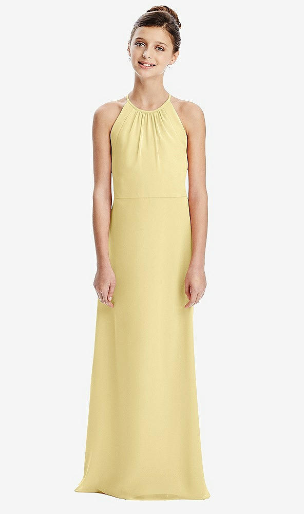 Back View - Pale Yellow Shirred Jewel Neck Chiffon Juniors Dress