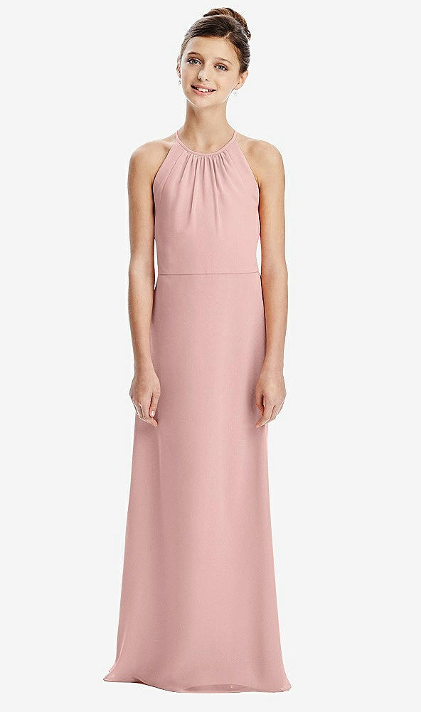 Back View - Rose - PANTONE Rose Quartz Shirred Jewel Neck Chiffon Juniors Dress