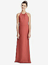 Rear View Thumbnail - Coral Pink Shirred Jewel Neck Chiffon Juniors Dress