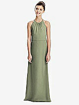 Rear View Thumbnail - Sage Shirred Jewel Neck Chiffon Juniors Dress