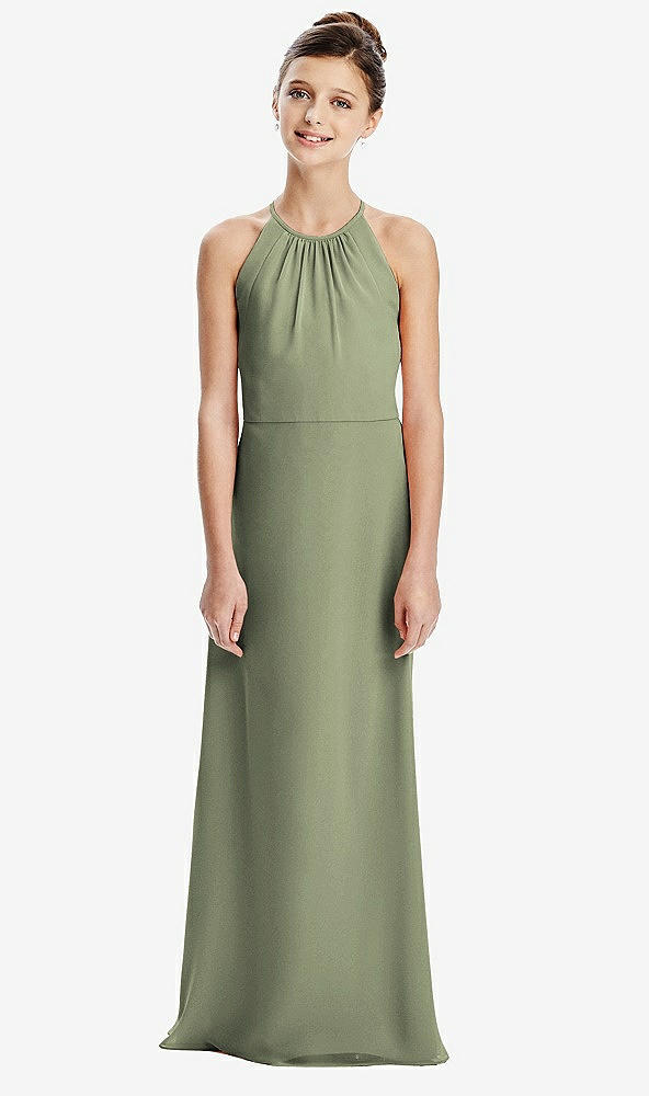 Back View - Sage Shirred Jewel Neck Chiffon Juniors Dress