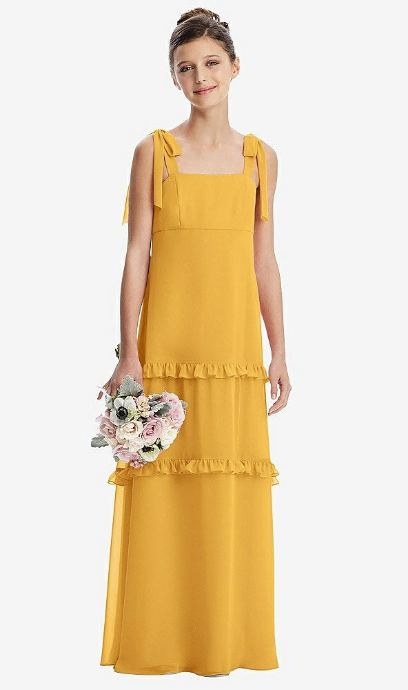 Front View - NYC Yellow Tie-Shoulder Juniors Dress with Tiered Ruffle Skirt