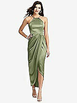 Front View Thumbnail - Kiwi Halter Midi Dress with Draped Tulip Skirt