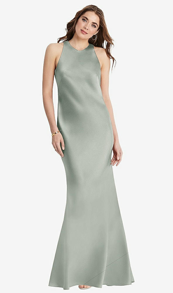 Back View - Willow Green Tie Neck Low Back Maxi Tank Dress - Marin