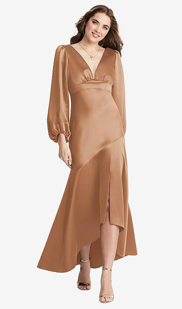 Front View - Toffee Puff Sleeve Asymmetrical Drop Waist High-Low Slip Dress - Teagan