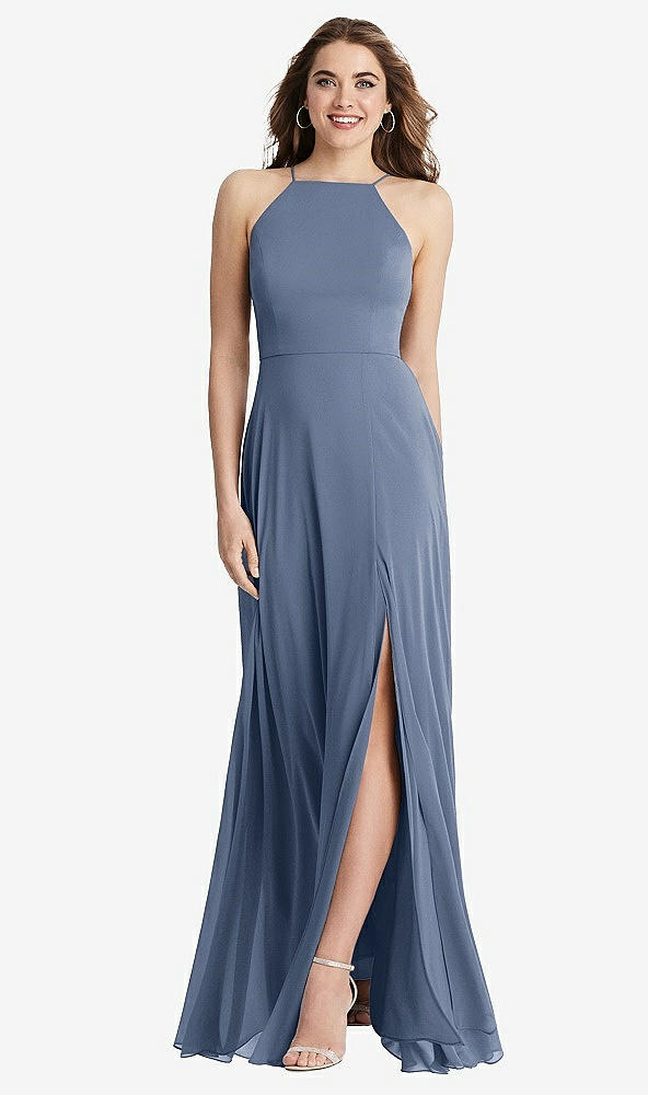 Front View - Larkspur Blue High Neck Chiffon Maxi Dress with Front Slit - Lela