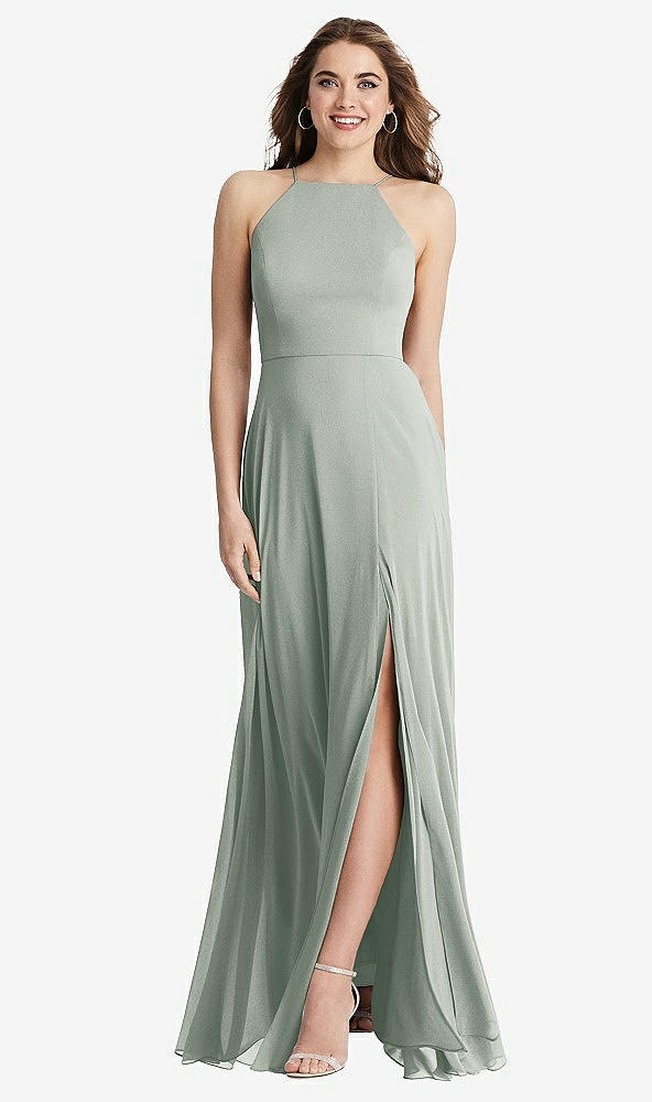 Front View - Willow Green High Neck Chiffon Maxi Dress with Front Slit - Lela