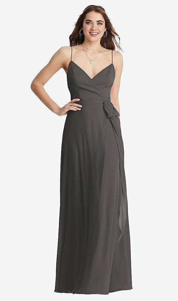 Front View - Caviar Gray Chiffon Maxi Wrap Dress with Sash - Cora