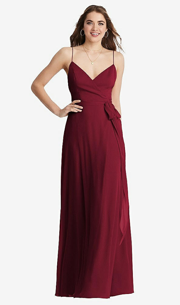 Front View - Burgundy Chiffon Maxi Wrap Dress with Sash - Cora