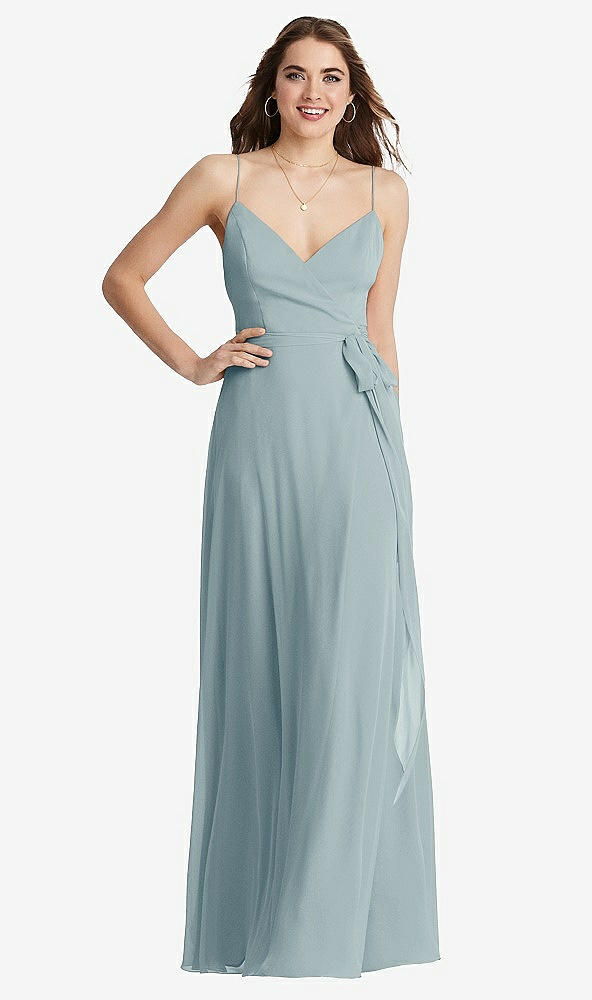 Front View - Morning Sky Chiffon Maxi Wrap Dress with Sash - Cora