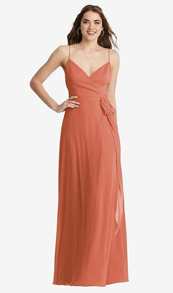 Front View - Terracotta Copper Chiffon Maxi Wrap Dress with Sash - Cora