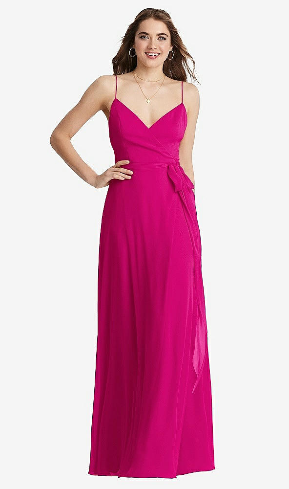 Front View - Think Pink Chiffon Maxi Wrap Dress with Sash - Cora