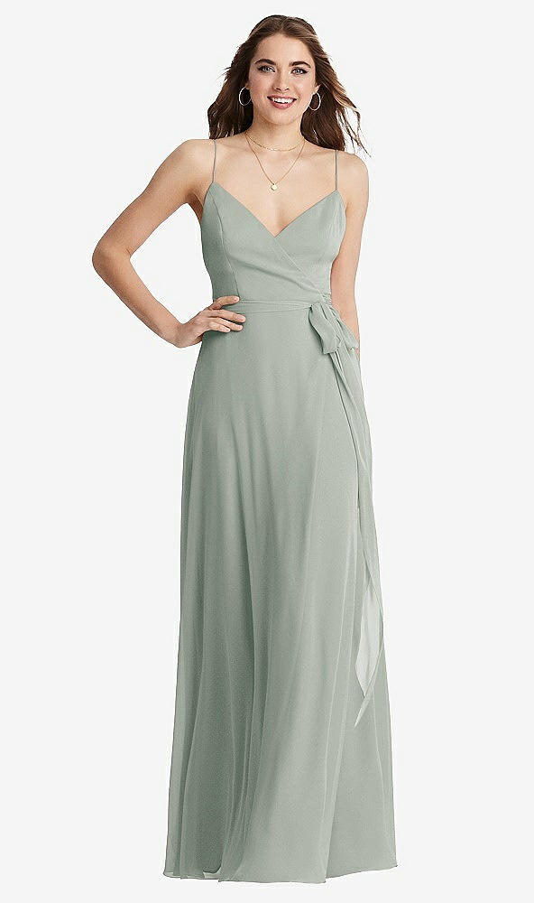 Front View - Willow Green Chiffon Maxi Wrap Dress with Sash - Cora