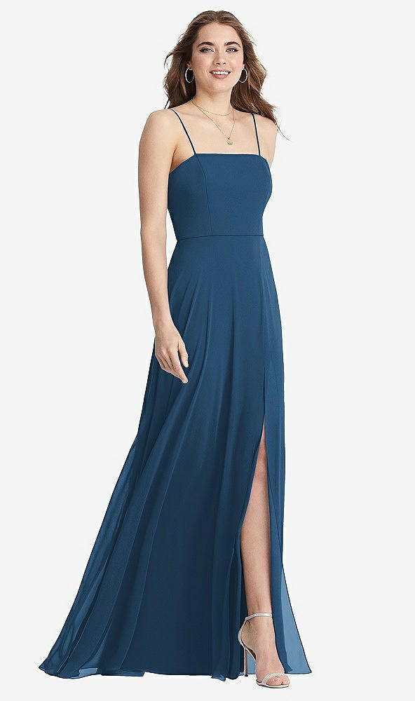 Front View - Dusk Blue Square Neck Chiffon Maxi Dress with Front Slit - Elliott