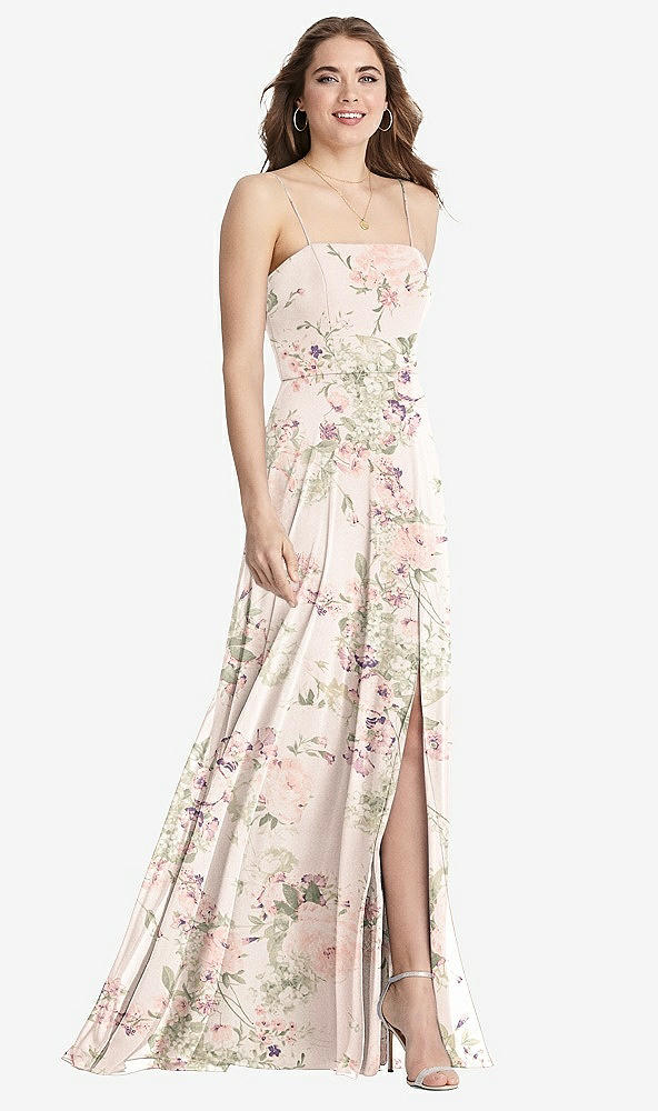 Front View - Blush Garden Square Neck Chiffon Maxi Dress with Front Slit - Elliott