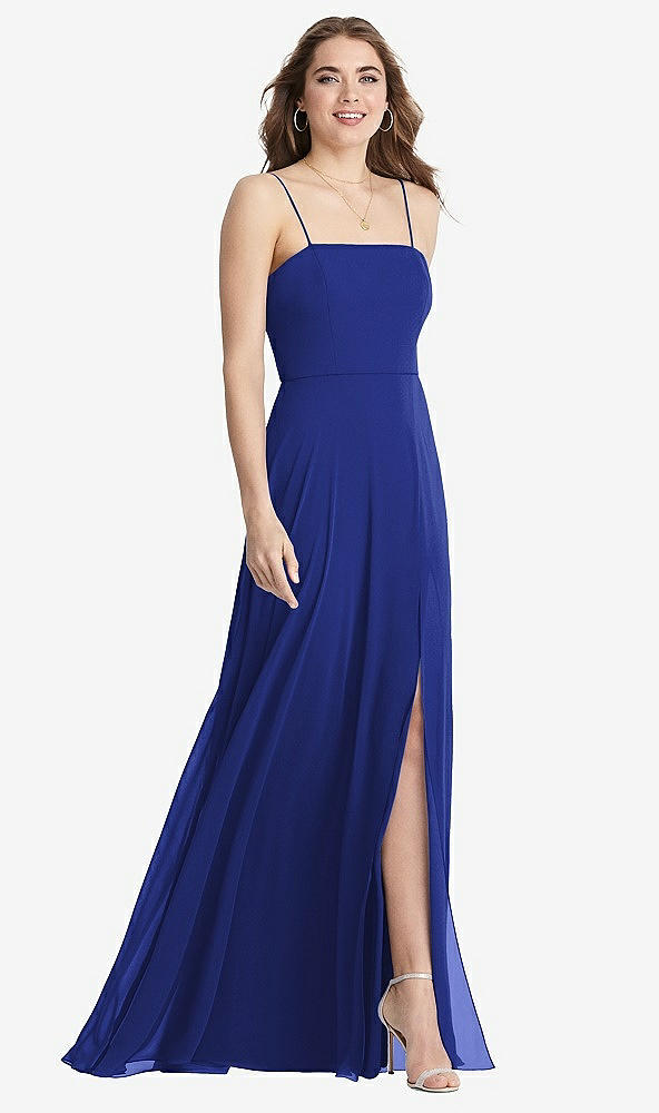 Front View - Cobalt Blue Square Neck Chiffon Maxi Dress with Front Slit - Elliott