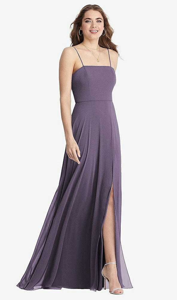 Front View - Lavender Square Neck Chiffon Maxi Dress with Front Slit - Elliott