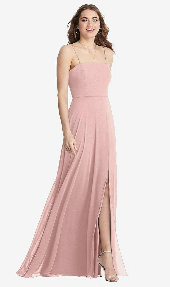 Front View - Rose - PANTONE Rose Quartz Square Neck Chiffon Maxi Dress with Front Slit - Elliott