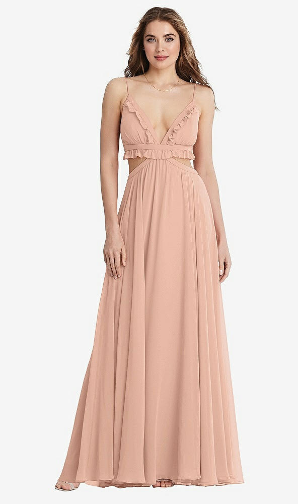 Front View - Pale Peach Ruffled Chiffon Cutout Maxi Dress - Jessie