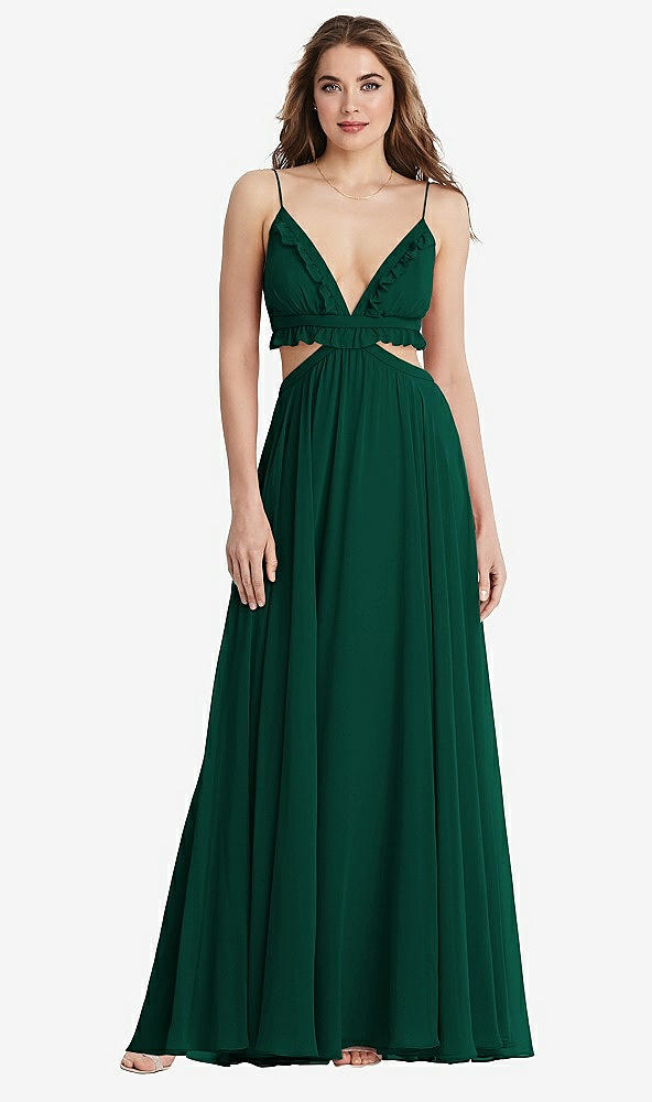 Front View - Hunter Green Ruffled Chiffon Cutout Maxi Dress - Jessie