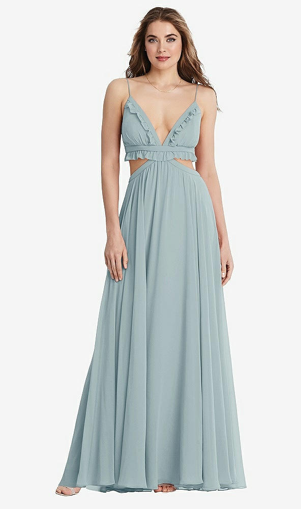 Front View - Morning Sky Ruffled Chiffon Cutout Maxi Dress - Jessie